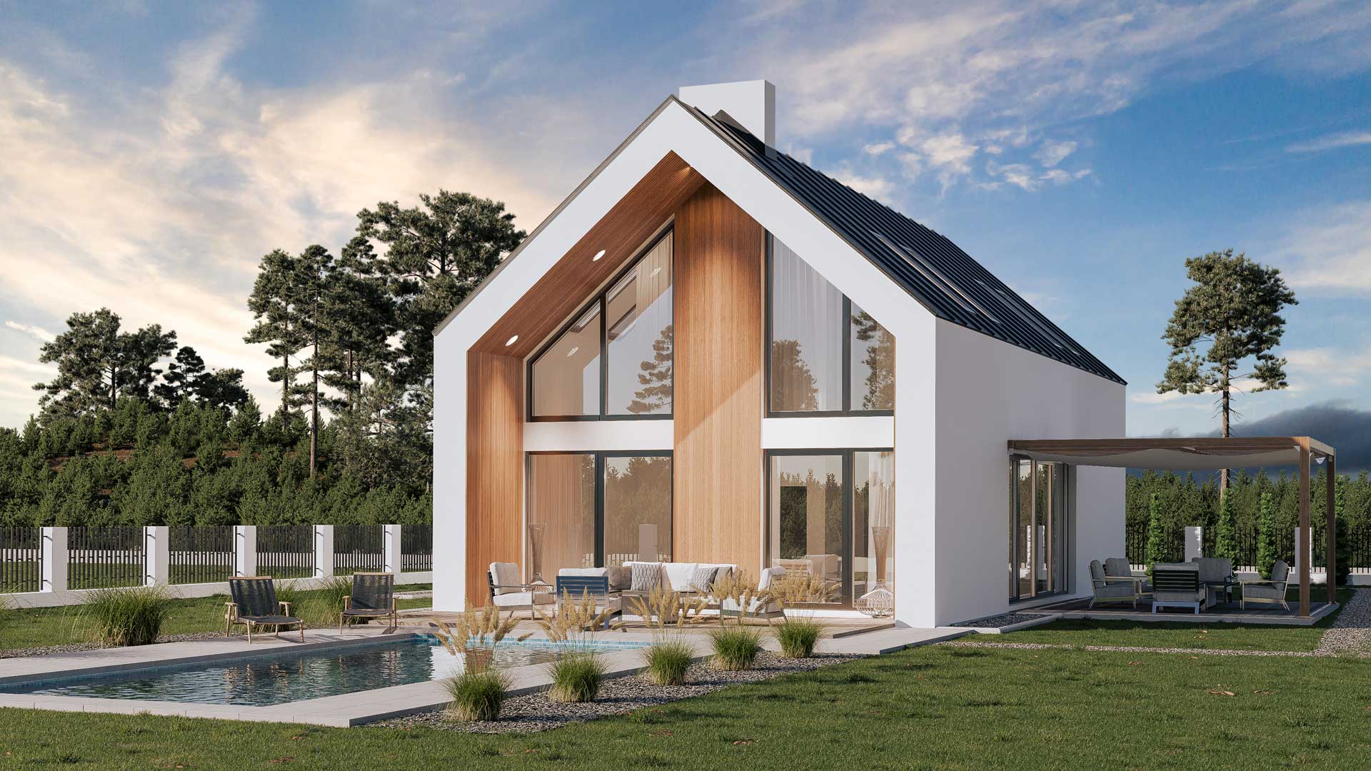 Vizualizace vily v bílém provedení za dne